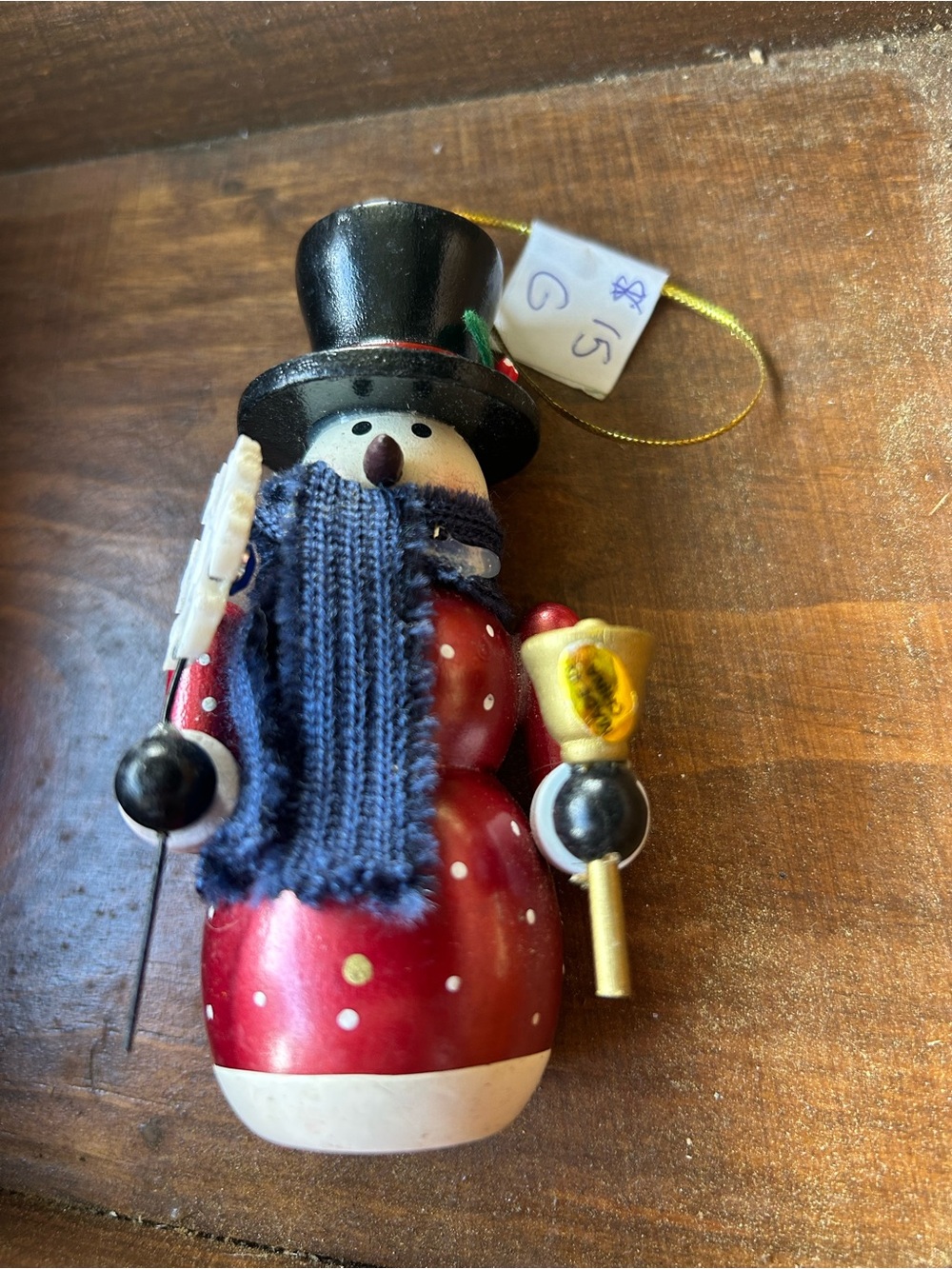 Red Snowman Holiday Ornament with Navy Scarf - Decorative Home Holiday Accent